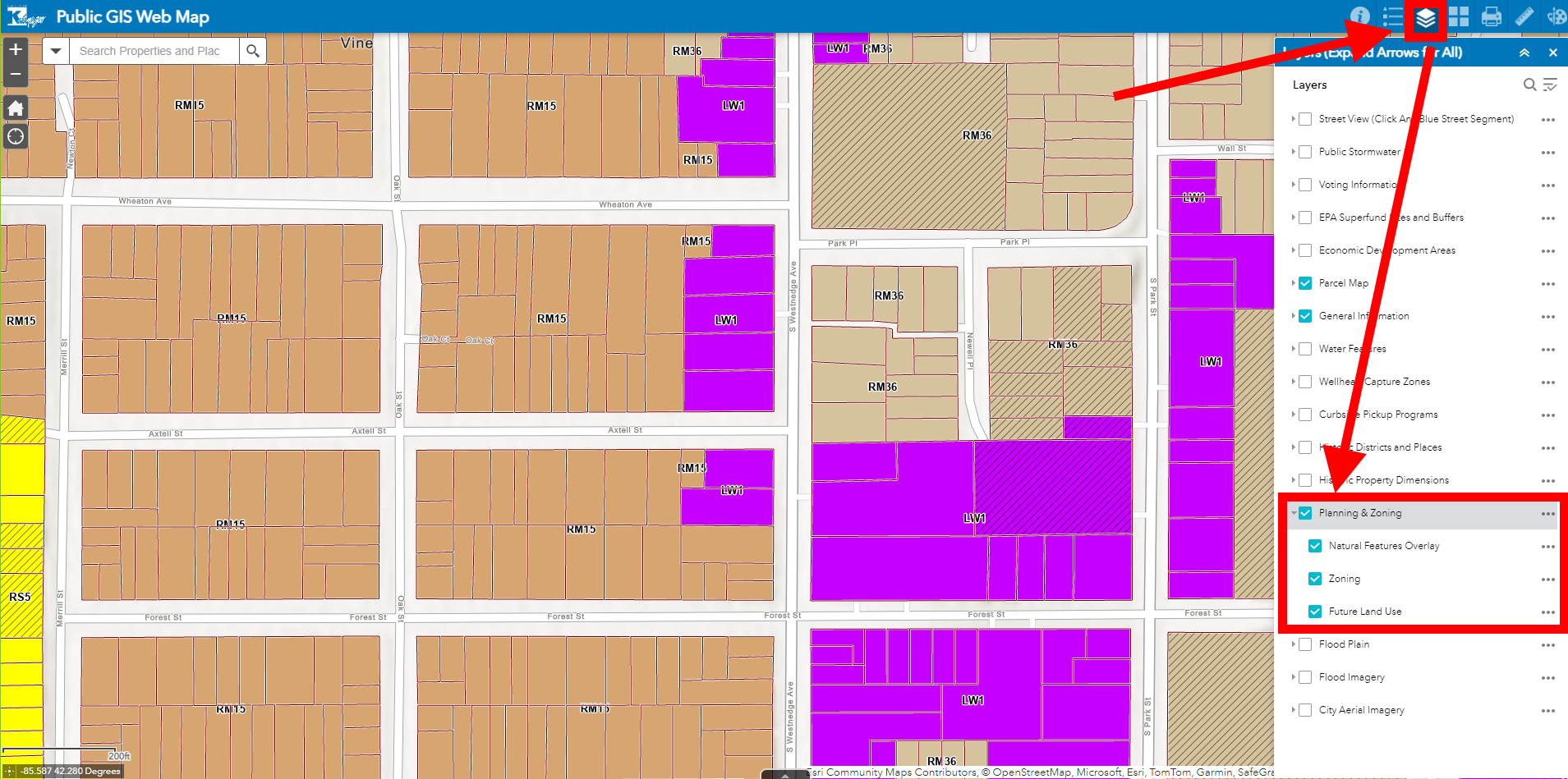 A screenshot of the City's GIS system showing layer selection