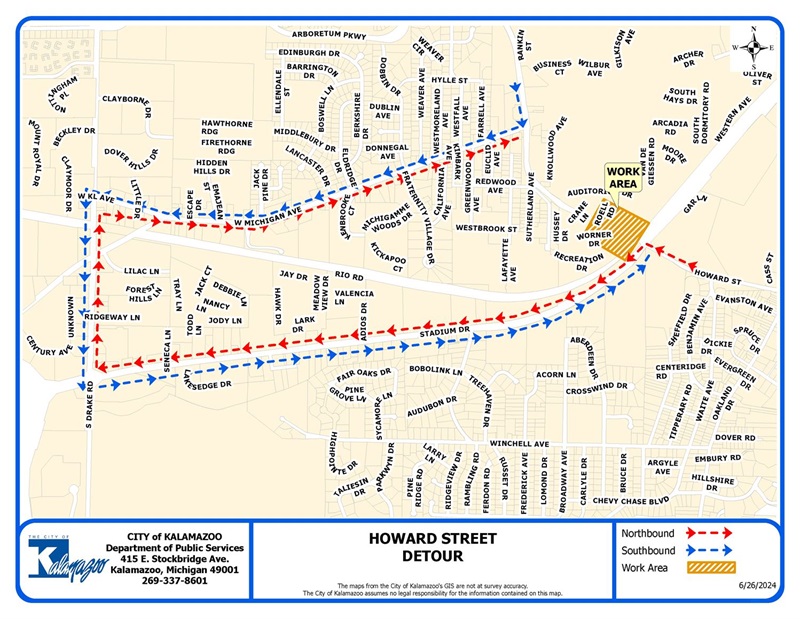 Detour map for work on Howard St starting in July 2024
