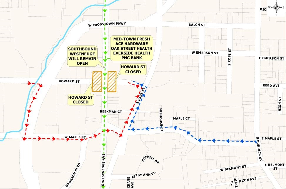 Detour map for Westnedge Project starting August 16, 2024
