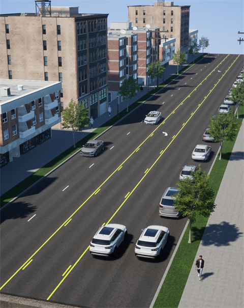 A rending of plans for Kalamazoo Ave from above