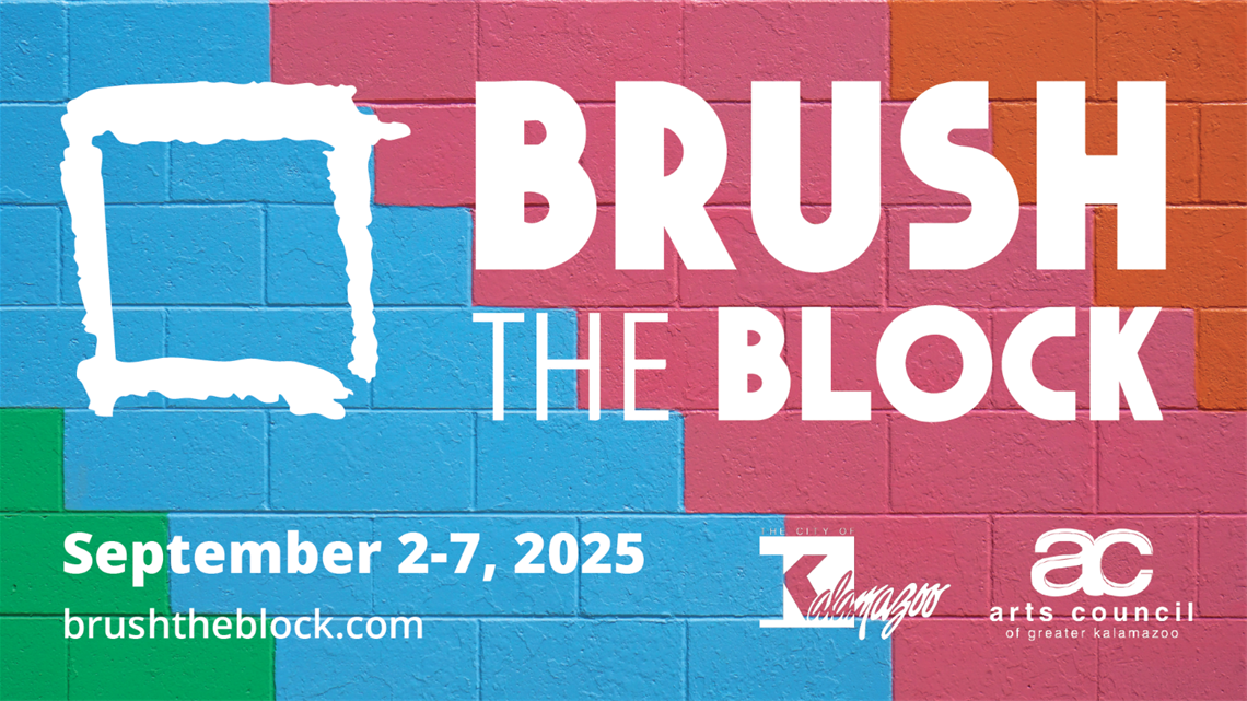 An image of the Brush the Block logo on top of a colorful brick wall