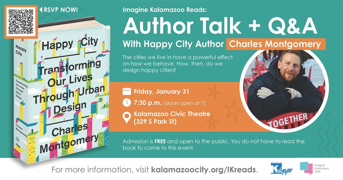 Banner graphic with details for Author Charles Montgomery's Talk in Kalamazoo, January 2025